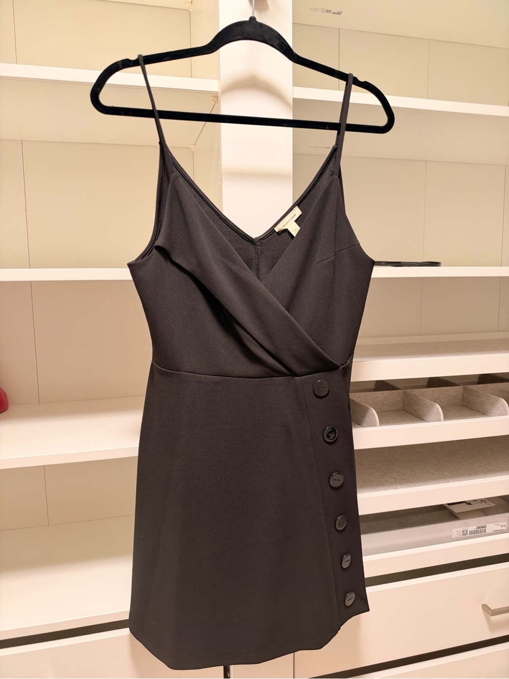 Black Spaghetti-Strap Wrap Mini Dress with button details